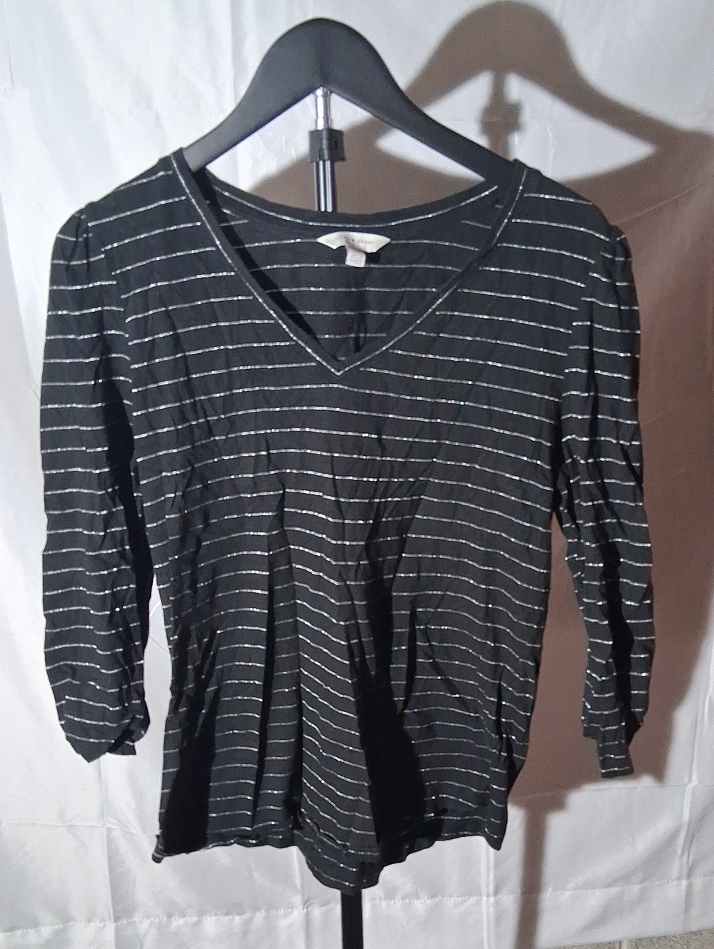 Lucky Brand Black V-Neck Long Sleeve Top with Silver Stripes